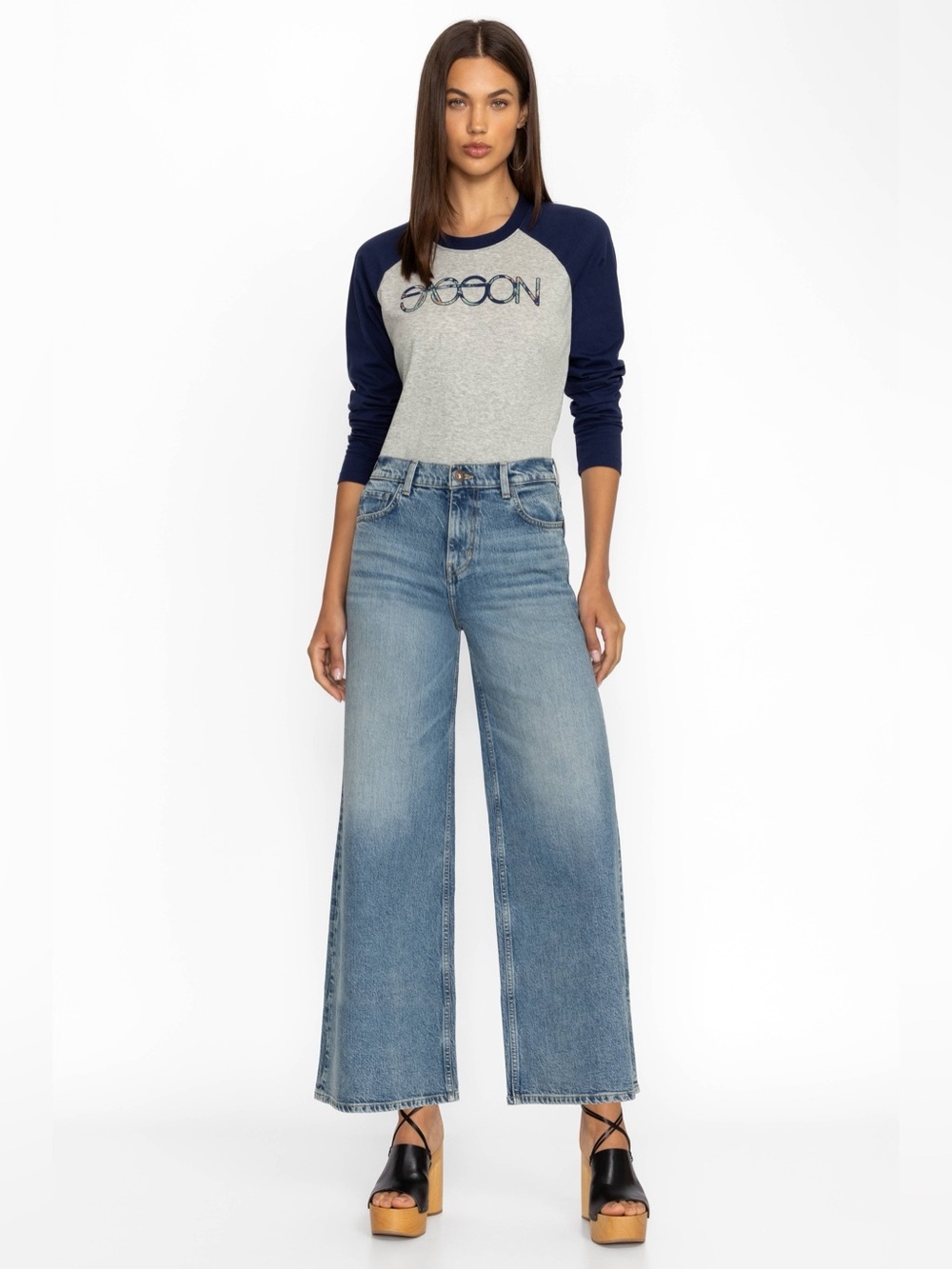 Johnny Was Mademoiselle Wide Leg Jean in Gray Wash 5 Pockets Ankle Blue